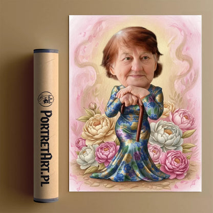 Floral Glamour Babcia - Karykatura ze zdjęcia