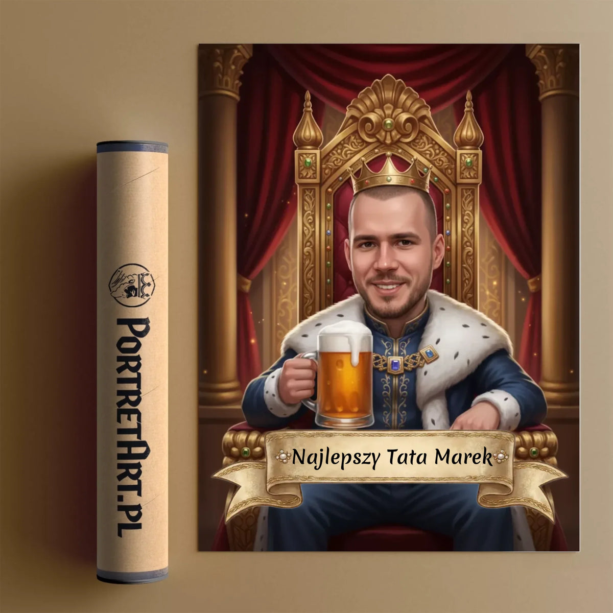 Król na tronie z piwem - Karykatura ze zdjęcia