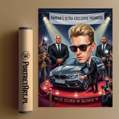 On i jego auto - Karykatura ze zdjęcia
